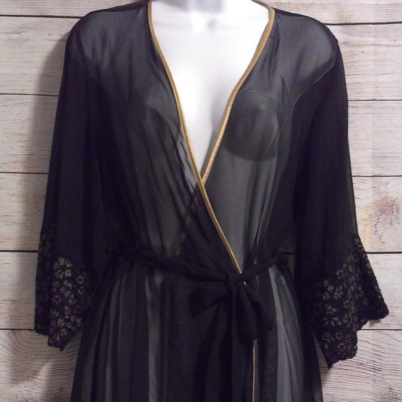 Via Nicci Other - Black sheer robe with gold trim and lace detail